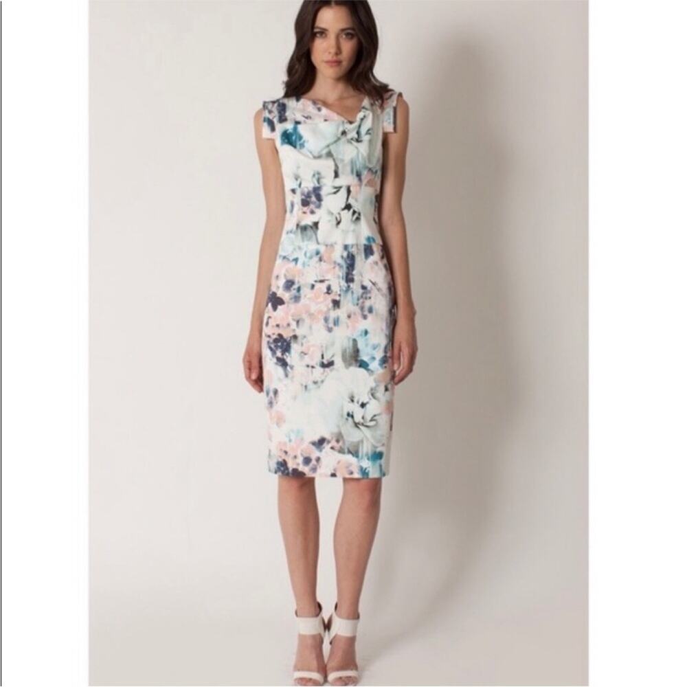 Black Halo white pink blue watercolor draped neck sheath dress size 4